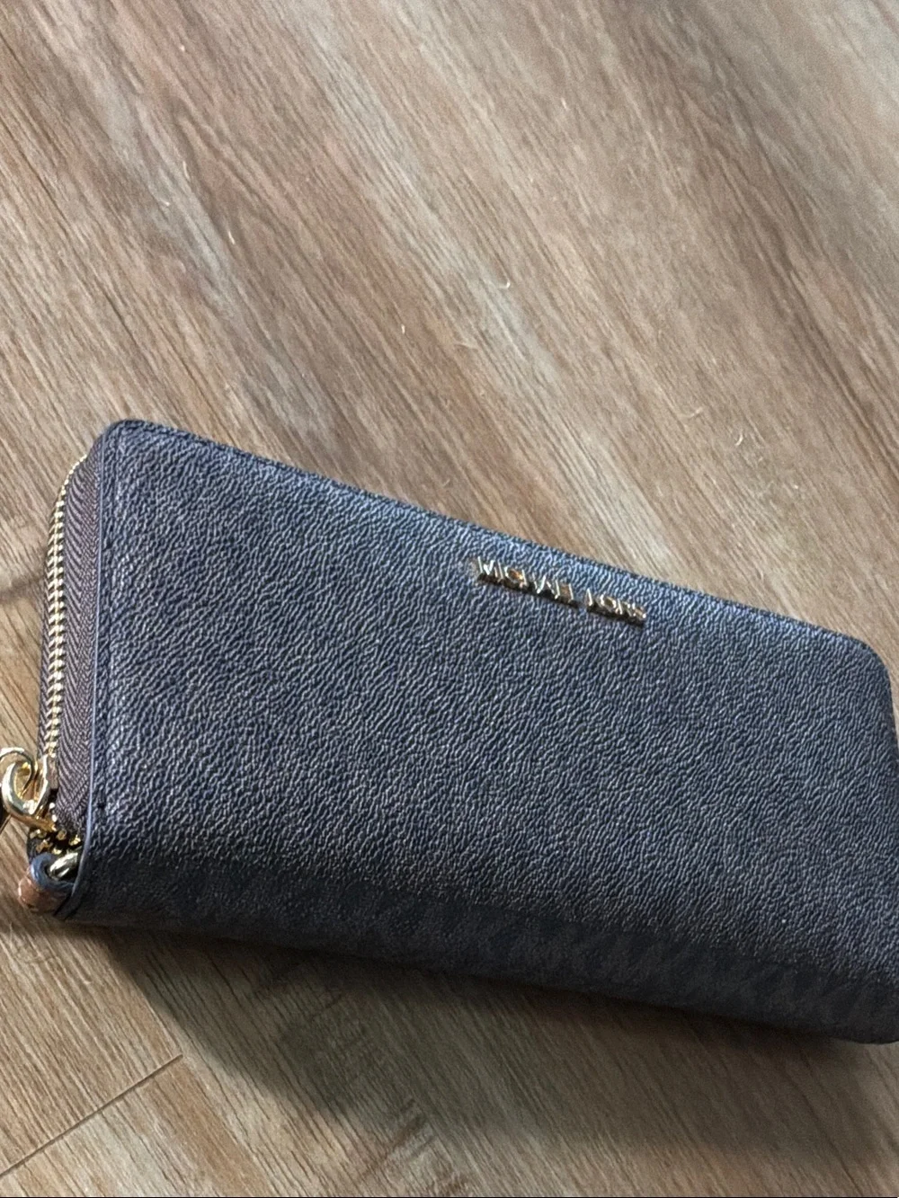Michael Kors Dark Brown Pebbled Zip-Around Continental Wallet with Gold Hardware